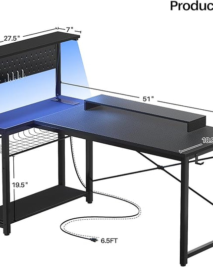 Homieasy Small Gaming Desk with Power Outlets Pegboard LED Light, 51 Inch L Shaped Computer Desk with Monitor Stand Storage Shelves, Reversible Corner Desk with Headset Hooks, Carbon Fiber Black - LeafyLoom