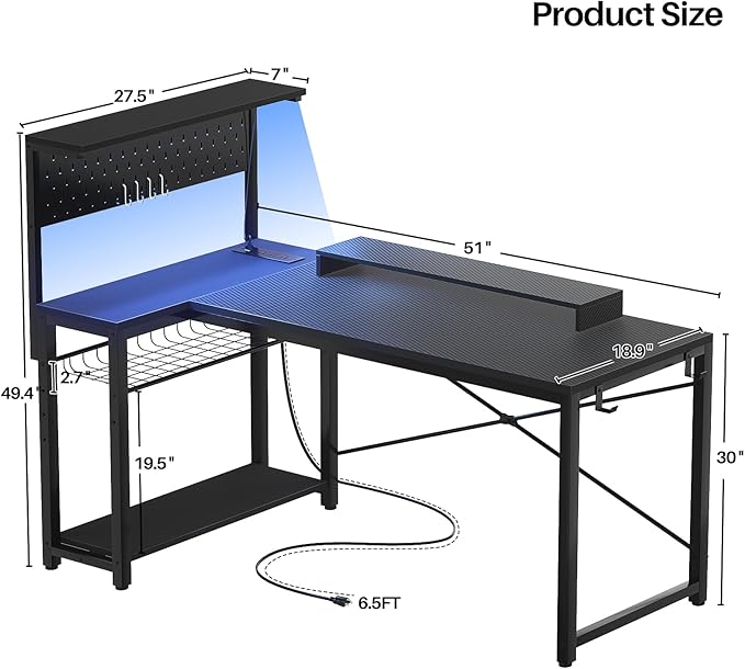 Homieasy Small Gaming Desk with Power Outlets Pegboard LED Light, 51 Inch L Shaped Computer Desk with Monitor Stand Storage Shelves, Reversible Corner Desk with Headset Hooks, Carbon Fiber Black - LeafyLoom