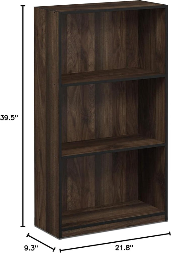 FURINNO Basic 3-Tier Bookcase Storage Shelves, Columbia Walnut - LeafyLoom