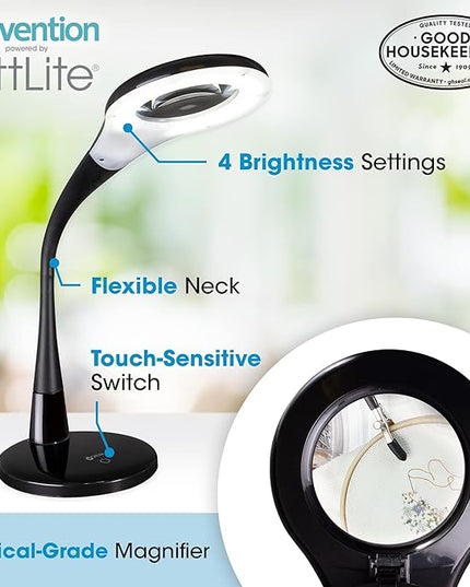 OttLite LED Desk Lamp with Adjustable Magnifier, Prevention Series - Designed to Reduce Eyestrain - Adjustable Flexible Neck, 4 Brightness Settings & Touch Controls - Crafting, Reading & Studying - LeafyLoom