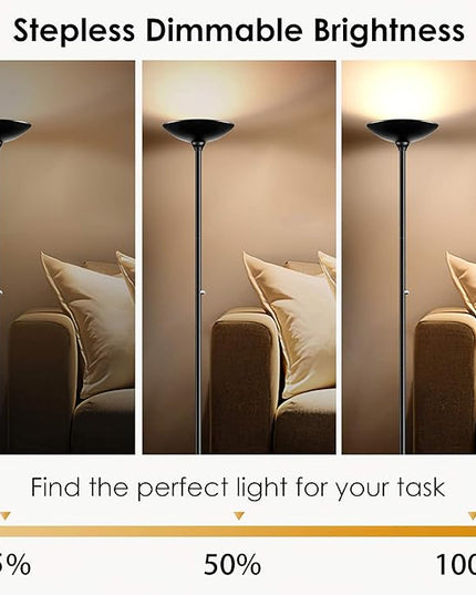 BoostArea Torchiere Floor Lamp, 24W Super Bright LED Standing Lamp, Stepless Dimmable Pole Lamp with 3000K Lighting, Rotary Switch, 70 Inch Tall Metal Modern Floor lamps for Living Room/Bedroom Black - LeafyLoom
