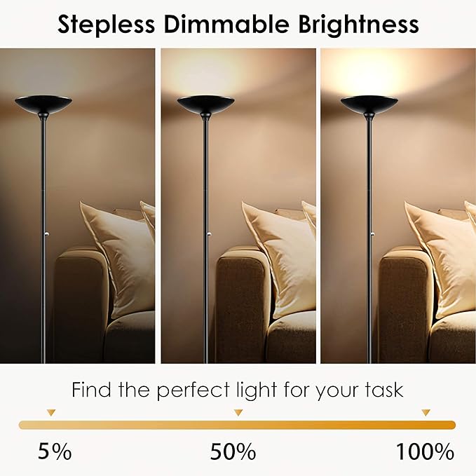 BoostArea Torchiere Floor Lamp, 24W Super Bright LED Standing Lamp, Stepless Dimmable Pole Lamp with 3000K Lighting, Rotary Switch, 70 Inch Tall Metal Modern Floor lamps for Living Room/Bedroom Black - LeafyLoom
