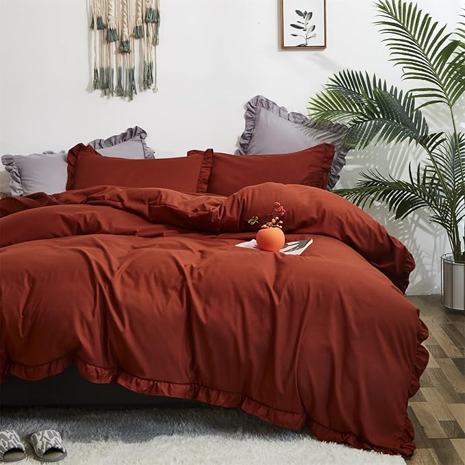 Rust Ruffled Comforter Set King Size Bedding Set Women Caramel Ruffles Blanket Men Burnt Orange Ruffled Comforter Farmhouse Ruffle Fringe Design Girls 3 PCs Cinnamon Color Ruffled Bedding Set - LeafyLoom