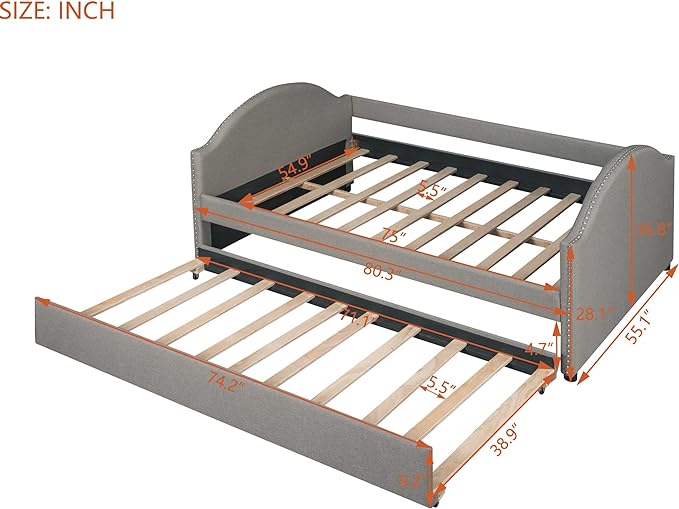 Full Size Upholstered Daybed with Twin Trundle Bed and Wood Slat for Living Room Bedroom, Gray - LeafyLoom