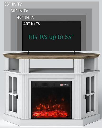 YESHOMY Corner Fireplace TV Stand for Television up to 55" with Storage Cabinets, Entertainment Center, Media Console for Living Room, Bedroom, White - LeafyLoom