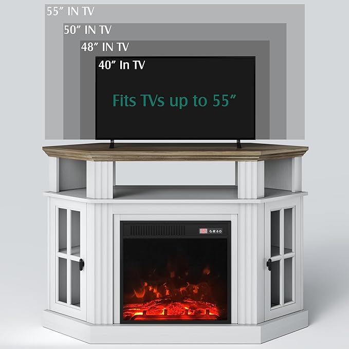 YESHOMY Corner Fireplace TV Stand for Television up to 55" with Storage Cabinets, Entertainment Center, Media Console for Living Room, Bedroom, White - LeafyLoom