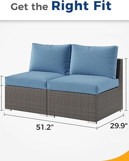 Wisteria Lane 2 Piece Patio Armless Sofa, Outdoor Wicker Sectional Furniture with Cushion, Additional Loveseats for Garden Backyard, Blue - LeafyLoom