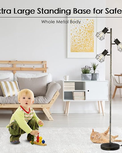 BoostArea Industrial Floor Lamp, Tree-Bronze Gold, 3 Diamond-Shaped Lamp Cages, 3pcs 6W LED Bulbs Included, Eco-Friendly, Reliable Quality, Easy Assembly, Match with Multiple Home Styles - LeafyLoom