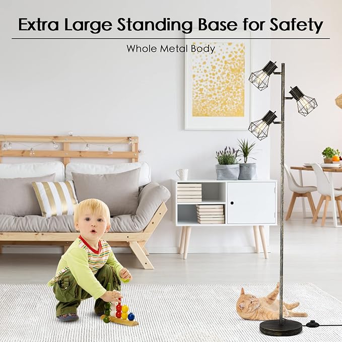 BoostArea Industrial Floor Lamp, Tree-Bronze Gold, 3 Diamond-Shaped Lamp Cages, 3pcs 6W LED Bulbs Included, Eco-Friendly, Reliable Quality, Easy Assembly, Match with Multiple Home Styles - LeafyLoom
