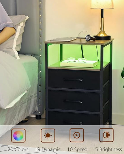 Nightstands Set of 2, Large End Tables Living Room, Bed Side Tables with Charging Station, 24.7" Tall Night Stand with 3 Fabric Drawers and LED Light Strip for Bedroom HNS013BR - LeafyLoom
