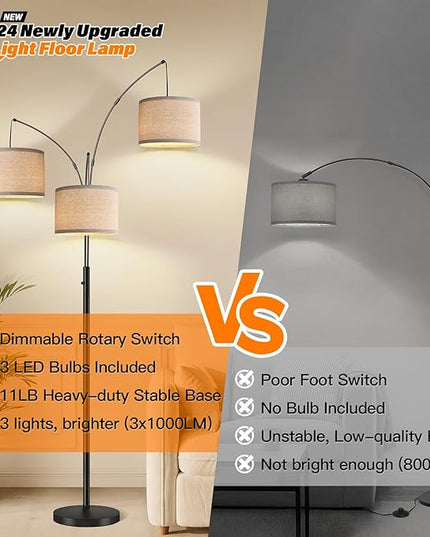 Dimmable Floor Lamp - 3 Lights Arc Floor Lamps for Living Room, 1000LM Modern Tall Standing Lamp with Beige Shades & Heavy Base, Mid Century Tree Floor Lamp for Bedroom Office, 3 LED Bulbs Included - LeafyLoom
