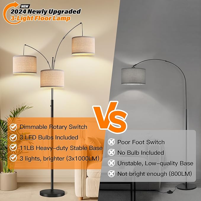 Dimmable Floor Lamp - 3 Lights Arc Floor Lamps for Living Room, 1000LM Modern Tall Standing Lamp with Beige Shades & Heavy Base, Mid Century Tree Floor Lamp for Bedroom Office, 3 LED Bulbs Included - LeafyLoom