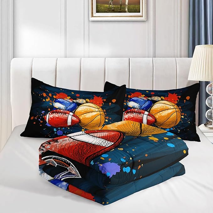 Axolotl Ball Game Bedding Set Full,Basketball Comforter Set Sports Bedding,Volleyball Comforter Set Soccer Bedding,Football Comforter Colorful Grunge Style for Kids Boys Teens,1 Quilt 2 Pillowcases - LeafyLoom