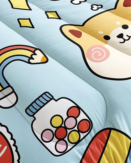 Datura home Kids Comforter Set Kawaii Dogs Bedding Cute Shiba Inu Corgi Printed Pattern Decor with 1 and 2 Pillowcases for Boys Girls All Season(Blue Inu), Twin 68x86inches - LeafyLoom