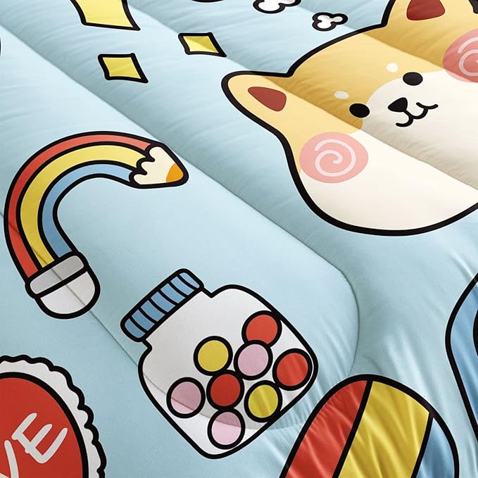 Datura home Kids Comforter Set Kawaii Dogs Bedding Cute Shiba Inu Corgi Printed Pattern Decor with 1 and 2 Pillowcases for Boys Girls All Season(Blue Inu), Twin 68x86inches - LeafyLoom