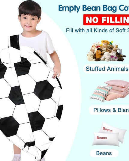 Lukeight Stuffed Animal Storage Bean Bag Chair Cover for Kids, Soccer Zipper Beanbag Chair Cover for Organizing Toddler & Kids' Rooms Plush Toys (Soccer Velvet, XX-Large) - LeafyLoom