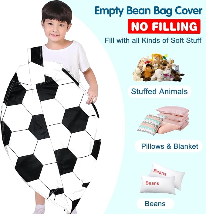 Lukeight Stuffed Animal Storage Bean Bag Chair Cover for Kids, Soccer Zipper Beanbag Chair Cover for Organizing Toddler & Kids' Rooms Plush Toys (Soccer Velvet, XX-Large) - LeafyLoom
