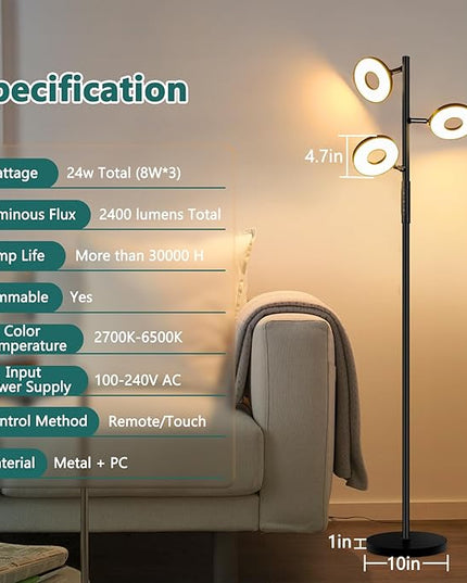 Floor Lamp, Modern Dimmable Standing Floor Lamp with Remote & Touch Control, 2700K-6500K, 3 Rotatable LED Floor Lamps for Living Room, Tall Floor Lamp for Bedroom, Office - LeafyLoom