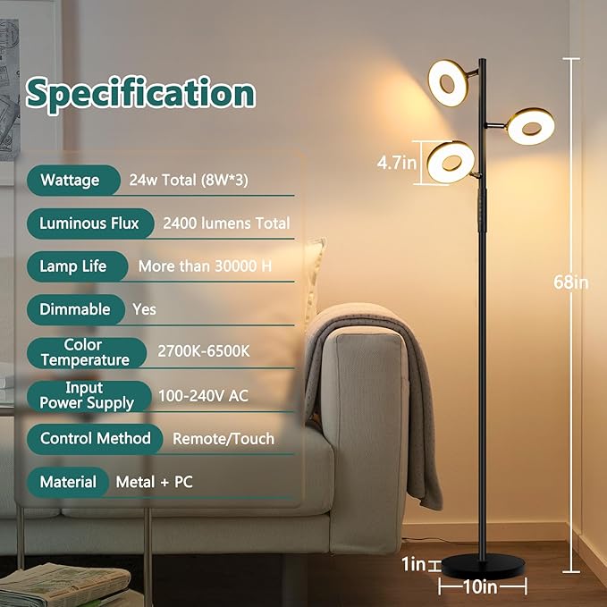 Floor Lamp, Modern Dimmable Standing Floor Lamp with Remote & Touch Control, 2700K-6500K, 3 Rotatable LED Floor Lamps for Living Room, Tall Floor Lamp for Bedroom, Office - LeafyLoom