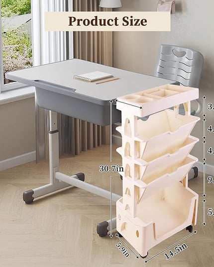 5 Tier Book Rack Storage Bookshelf, Removable Movable Unique Bookcase, Mobile Bookshelf with Wheels Utility Organizer Bookshelves for Kids Children Students Study in Bedroom Living Room School (Khaki) - LeafyLoom