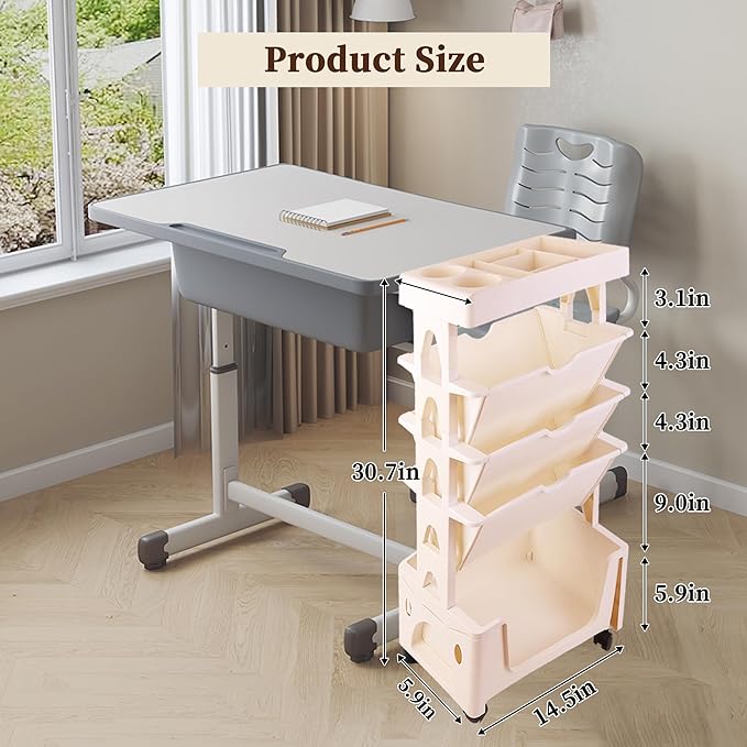 5 Tier Book Rack Storage Bookshelf, Removable Movable Unique Bookcase, Mobile Bookshelf with Wheels Utility Organizer Bookshelves for Kids Children Students Study in Bedroom Living Room School (Khaki) - LeafyLoom