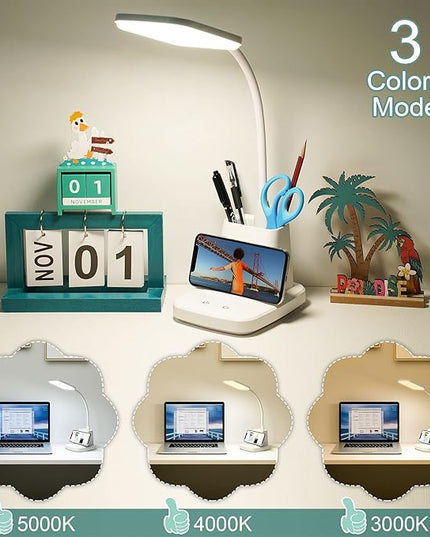 LED Desk Lamp with Wireless Charger, Sailstar White Desk Light with Pen Holder, 3 Color Modes with Stepless Dimming, CRI 85, 800 Lumen, Study Lamps for College Dorm Room, Home Office, Adapter Included - LeafyLoom