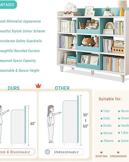 Wooden Cube Bookcase with Legs - 3-Tier Open Shelf Kidsroom Sorted Storage Cabinet Organizer for Books and Toys, 9-Cube Lattice Cute Cubby Bookshelf in White Mixed Westlake Blue, 39" W - LeafyLoom