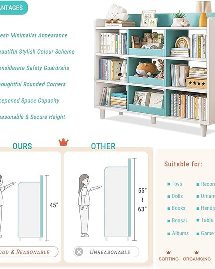 Wooden Cube Bookcase with Legs - 3-Tier Open Shelf Kidsroom Sorted Storage Cabinet Organizer for Books and Toys, 9-Cube Lattice Cute Cubby Bookshelf in White Mixed Westlake Blue, 47" W - LeafyLoom