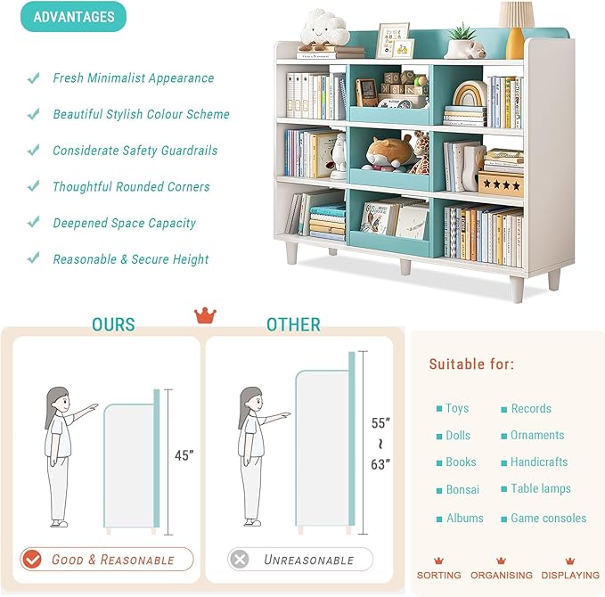 Wooden Cube Bookcase with Legs - 3-Tier Open Shelf Kidsroom Sorted Storage Cabinet Organizer for Books and Toys, 9-Cube Lattice Cute Cubby Bookshelf in White Mixed Westlake Blue, 47" W - LeafyLoom