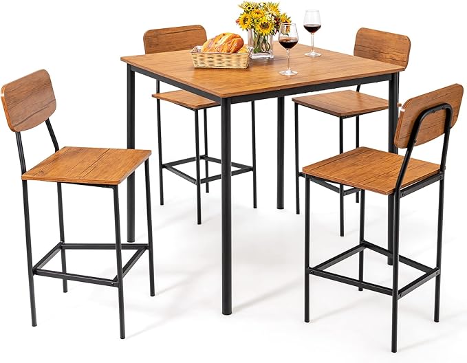 GOFLAME 5-Piece Dining Table Set for Small Space, Kitchen Table and Chairs Set for 4 with Steel Frame, Square Breakfast Table Set, Industrial Counter Height Table Set for Home, Restaurant & Cafe, Teak - LeafyLoom