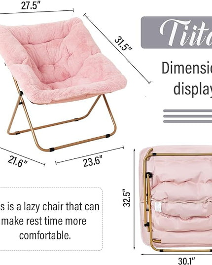 Tiita Comfy Saucer Chair, Soft Faux Fur Oversized Folding Accent Chair, Lounge Lazy Chair for Kids Teens Adults, Metal Frame Moon Chair for Bedroom, Living Room, Dorm Rooms, X-Large Pink - LeafyLoom