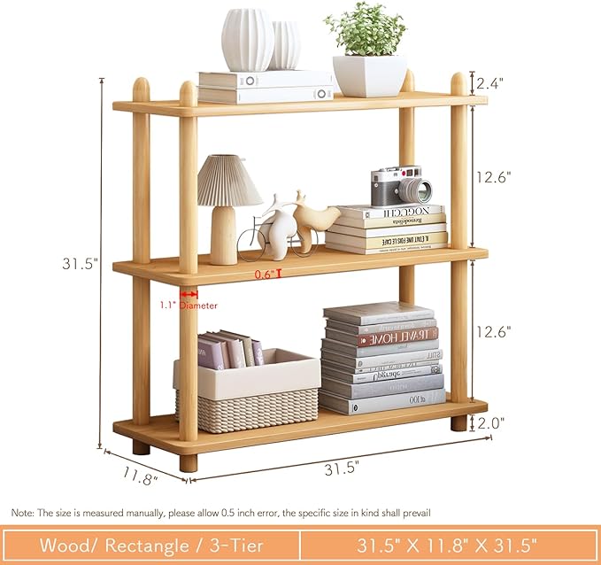 IOTXY 3-Tier Wooden Shelf Bookcase - Modern Open Bookshelf, Free Standing Storage Rack, Multifunctional Display Stand for Home and Office, Oak, Rectangle - LeafyLoom