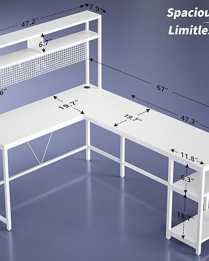 L Shaped Desk with Hutch & Pegboard - Reversible 67" L Shaped Gaming Desk with LED Lights, Corner Computer Desk with Storage Shelves, White - LeafyLoom