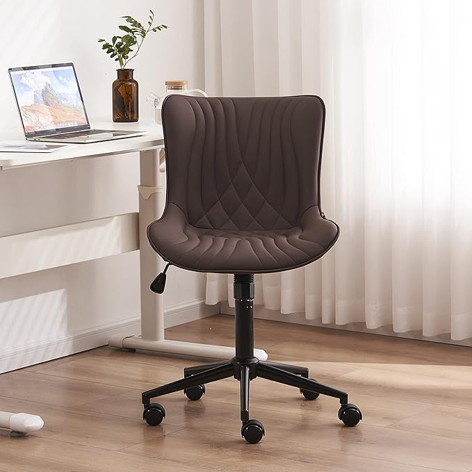YOUNIKE Office Chair, Armless Desk Chair with Wheels, Home Office Computer Task Chairs, Modern Faux Leather Upholstered Vanity Chair, Adjustable Swivel Rocking Chair with Back, Espresso Brown - LeafyLoom