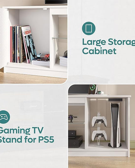 Bestier LED TV Stand with Power Outlets for 55/60/65 Inch TV, Gaming Entertainment Center with Cabinet for PS5, Modern TV Cabinet with Adjustable Glass Shelves for Bedroom 58 Inch Carbon Fiber White - LeafyLoom