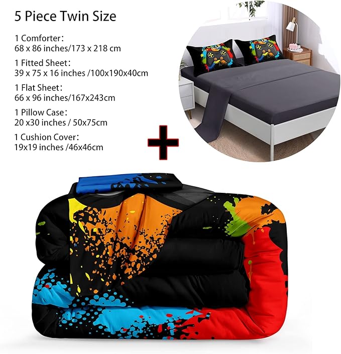 Gamer Comforter Set Gaming Twin Size,Video Game Controller Comforter for Boys Kids Adult 3D Gamepad Microfiber Bedding Sets 5 Pieces Bed in A Bag Sets30019,Twin - LeafyLoom