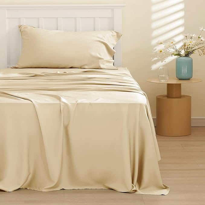 Bedsure Twin Sheets Set, Cooling Sheets Twin Size Bed Set, Rayon Derived from Bamboo, Twin Size Sheets, Breathable & Soft Bed Sheets, Hotel Luxury Silky Bedding Sheets & Pillowcases, Alabaster Gleam - LeafyLoom