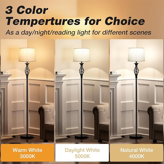 Ambimall Floor Lamps for Living Room - 3 Color Temperature Modern Standing Lamp, Farmhouse Black Floor Lamp with Gray Shade, Vintage Tall Light for Bedroom Office Corner(9W Bulb Included) - LeafyLoom