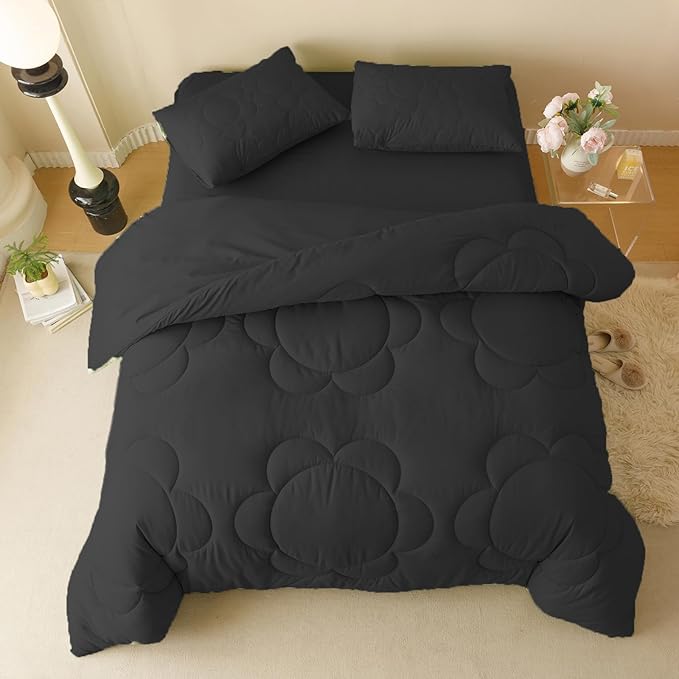 Black Flower Comforter Full Black Flower Print Bed Full Comforter Set 3 Pieces Dark Black Floral Comforter Set for Boys Girls Teens Bedroom Decor All Season Hotel Quality Comforter Set - LeafyLoom