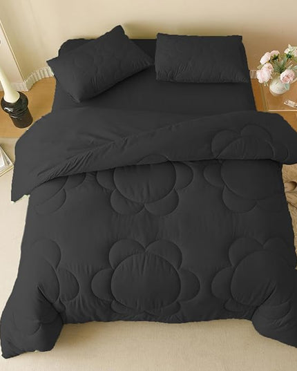 Black Flower Comforter King Black Flower Print Bed King Comforter Set 3 Pieces Dark Black Floral Comforter Set for Women Girls Bedroom Decor All Season Hotel Quality Comforter Set - LeafyLoom