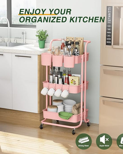 3-Tier Rolling Mobile Utility Cart with Hanging Cups & Hooks & Handle Multifunctional Organizer Storage Trolley Service Cart with Wheels Easy Assembly for Office, Bathroom, Kitchen(Pink) - LeafyLoom