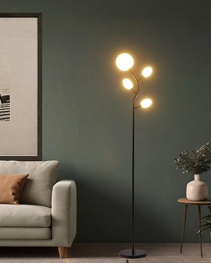 Modern Black 4 Globe Floor Lamp for Living Room - Contemporary Tree Floor Lamp with White Frosted Glass Shade and LED Bulbs, Mid Century Modern Standing Lamp for Bedroom & Home Office - LeafyLoom