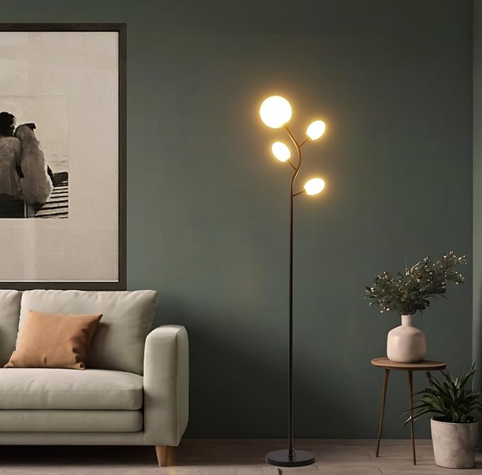 Modern Black 4 Globe Floor Lamp for Living Room - Contemporary Tree Floor Lamp with White Frosted Glass Shade and LED Bulbs, Mid Century Modern Standing Lamp for Bedroom & Home Office - LeafyLoom