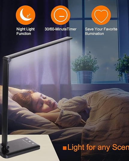 LED Desk Lamp,Eye-Caring Table Lamps,Stepless Dimmable Office Lamp with USB Charging Port,Touch/Memory/Timer Function,25 Brightness Lighting,Foldable Lamp for Reading,Studying,Working - LeafyLoom