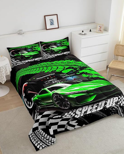 Feelyou Kids Boys Girls Race car Comforter Full Size, Green Race Car Buffalo Plaid Comforter Set for Teens Toddler Sports Car Bedding Set Racing Car Duvet Set Bed Set Room Decor Bedding Collection - LeafyLoom