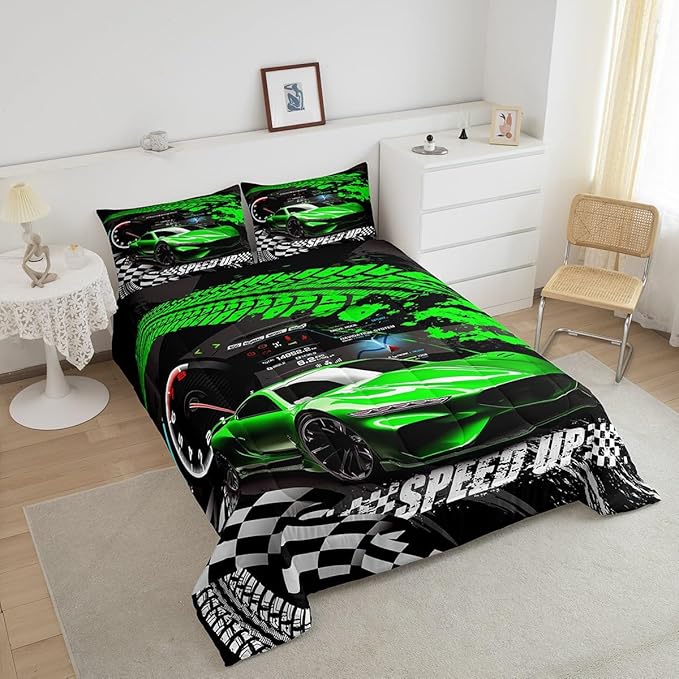 Feelyou Kids Boys Girls Race car Comforter Full Size, Green Race Car Buffalo Plaid Comforter Set for Teens Toddler Sports Car Bedding Set Racing Car Duvet Set Bed Set Room Decor Bedding Collection - LeafyLoom