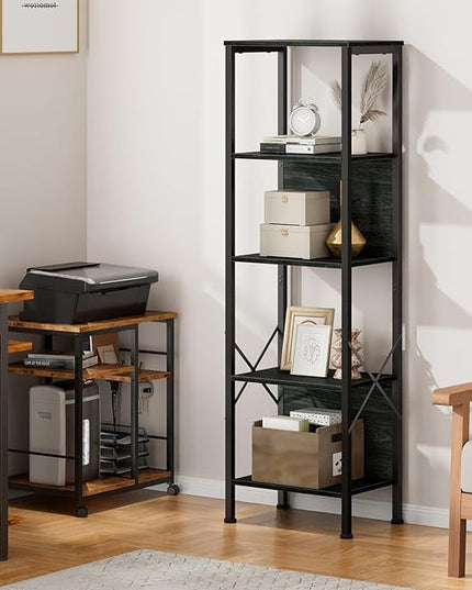Furologee 5 Tier Tall Bookshelf with Back, Industrial Narrow Bookcase, Display Standing Shelf Units, Metal and Wood Storage Corner Shelves Organizer for Bedroom, Living Room, Entryway, Kitchen, Black - LeafyLoom