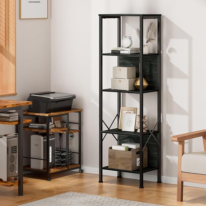 Furologee 5 Tier Tall Bookshelf with Back, Industrial Narrow Bookcase, Display Standing Shelf Units, Metal and Wood Storage Corner Shelves Organizer for Bedroom, Living Room, Entryway, Kitchen, Black - LeafyLoom