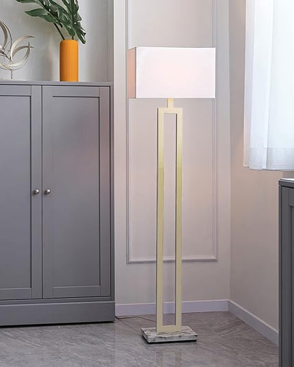Globe Electric 12273 D'Alessio 58" Floor Lamp, Gold, White Linen Shade, Faux Marble Base, On/Off Socket Rotary Switch, Title 20 LED Bulb Included - LeafyLoom