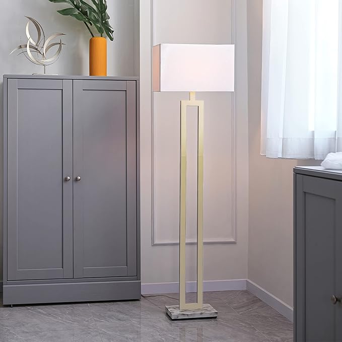 Globe Electric 12273 D'Alessio 58" Floor Lamp, Gold, White Linen Shade, Faux Marble Base, On/Off Socket Rotary Switch, Title 20 LED Bulb Included - LeafyLoom
